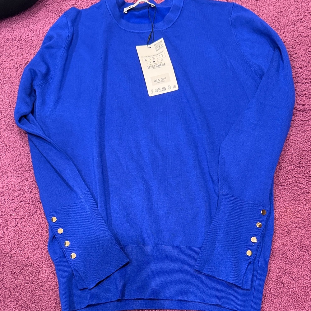 Zara Royal Blue Women's Sweater with Gold Button Accents